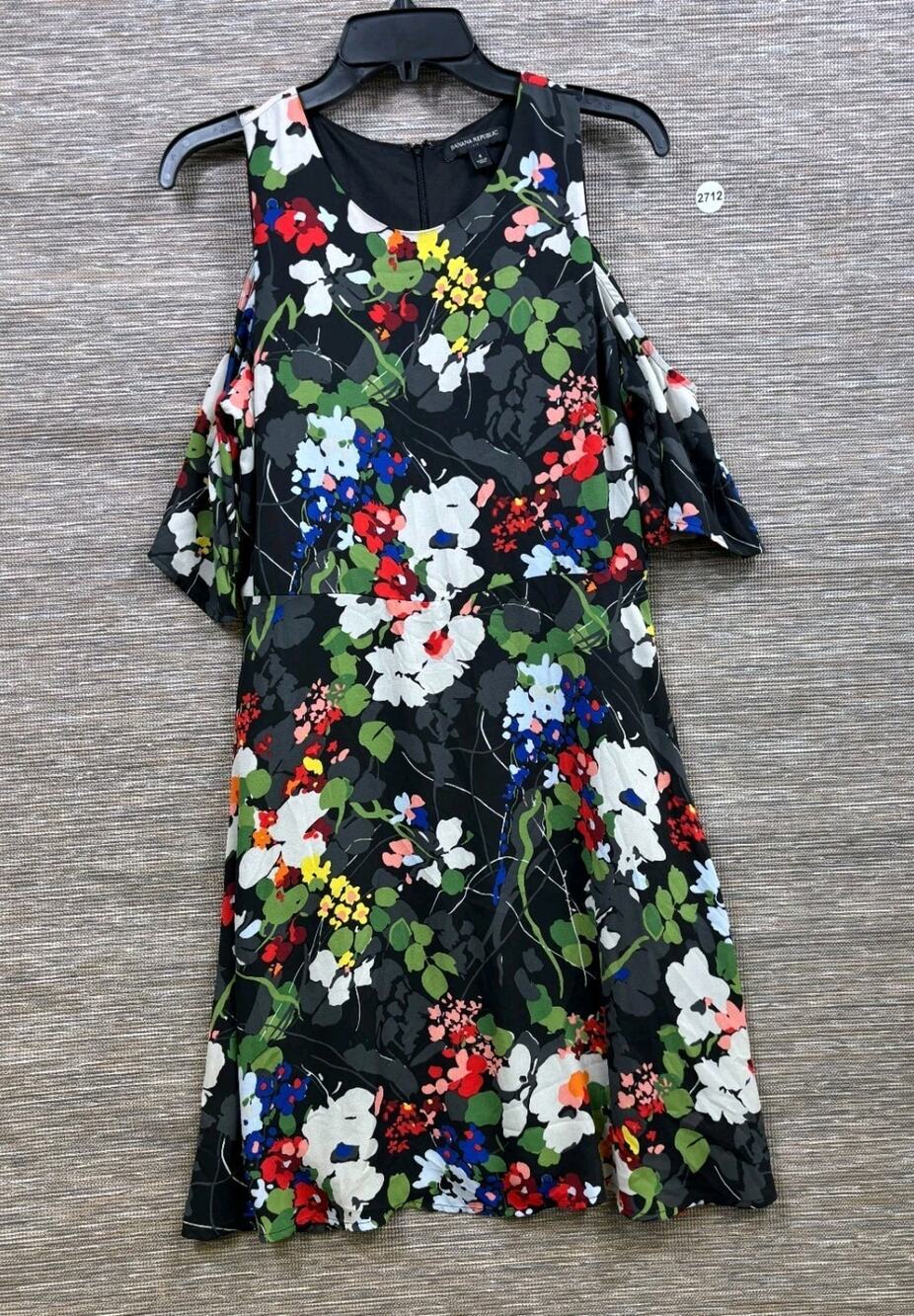 Banana Republic A-Line Cold Shoulder Dress Womens Sz 4 Black Floral Knee Length